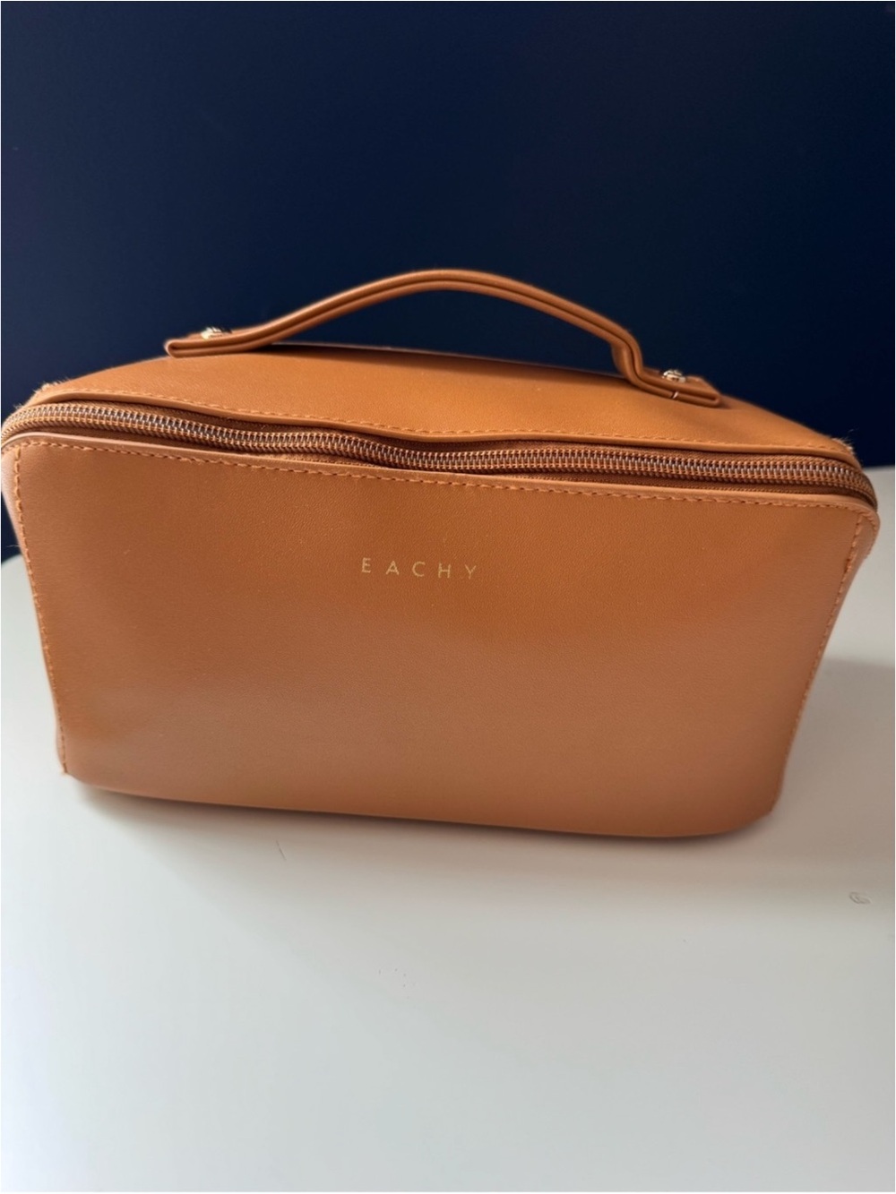 NWOT Tan Leather Cosmetic Bag with Top Handle